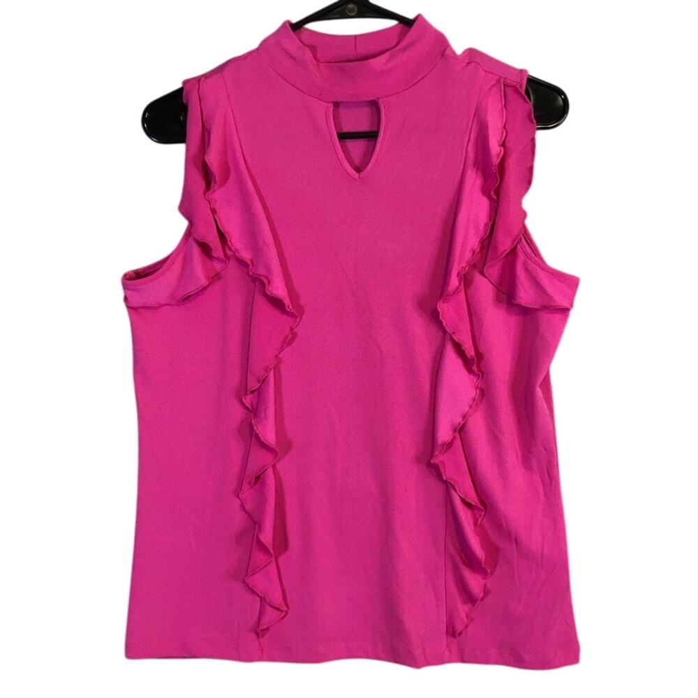 Adrienne Vittadini Womens Blouse Fuchsia Keyhole Sleeveless Ruffle Stretch Small